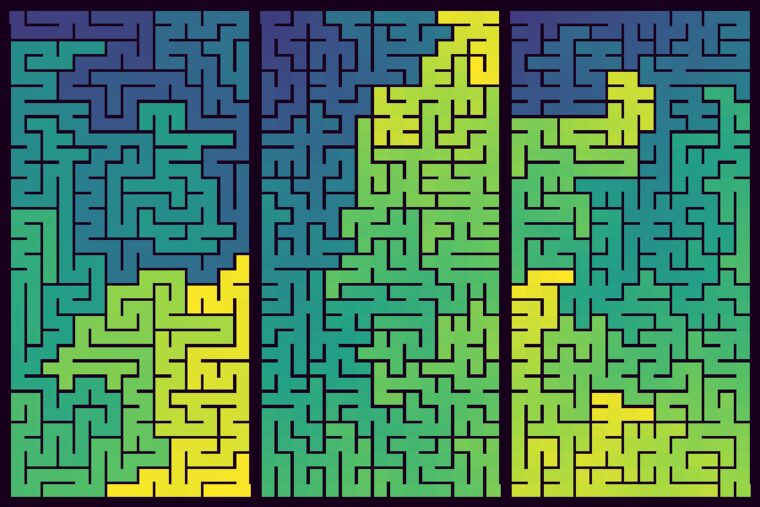 Three mazes side by side with the solution path highlighted