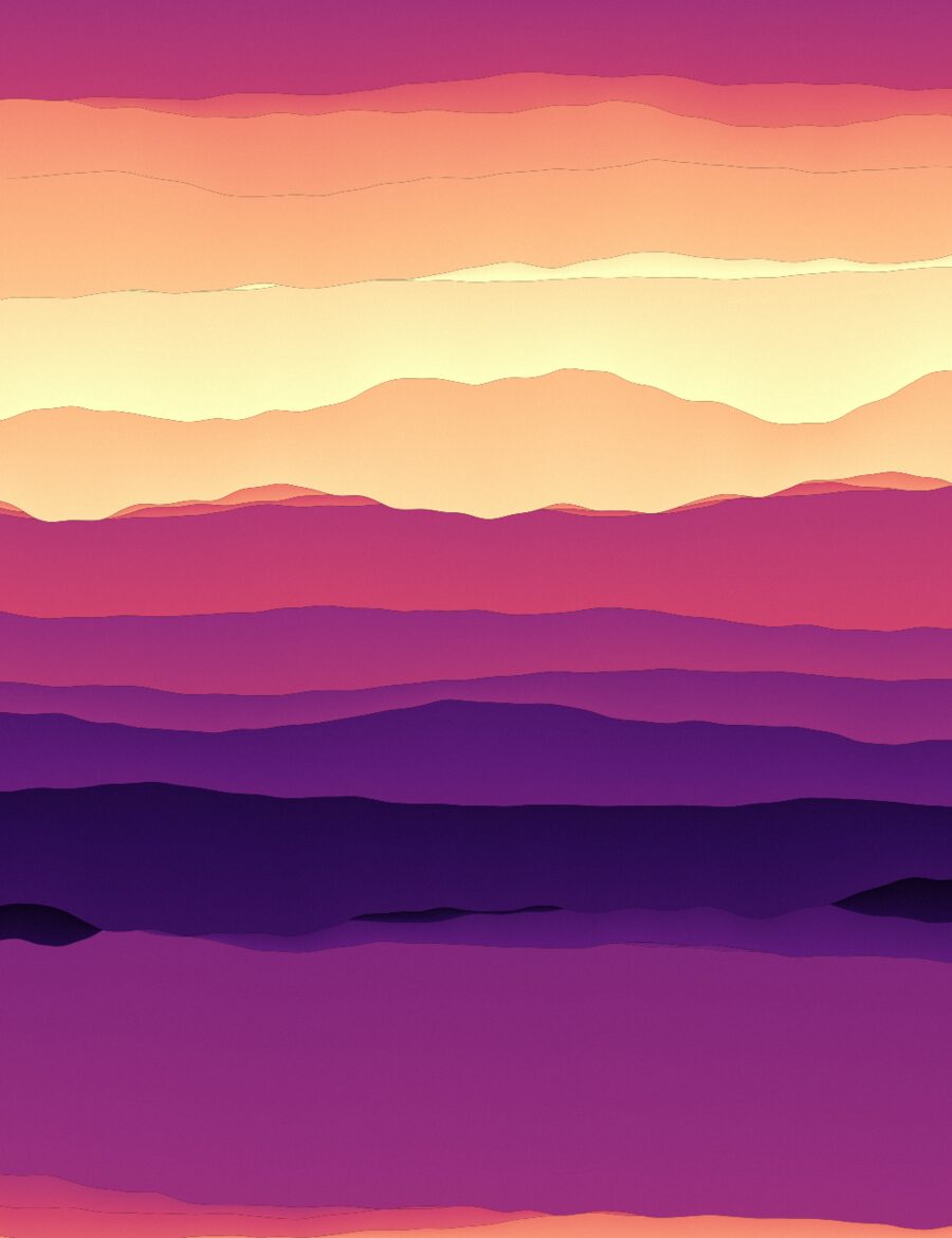 Layered landscape in colour, from deep purple to yellow